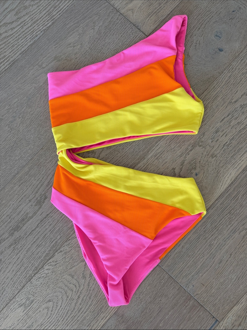 Beach Riot Neon Stripe One-Shoulder One-Piece - Pink, Orange, Yellow